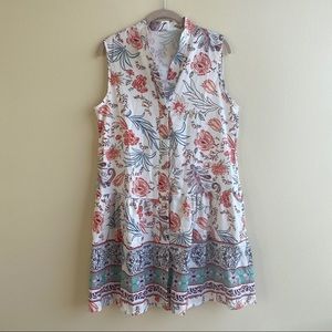 White Floral Drop Waist Collarless Button Front Dress Sz. Medium